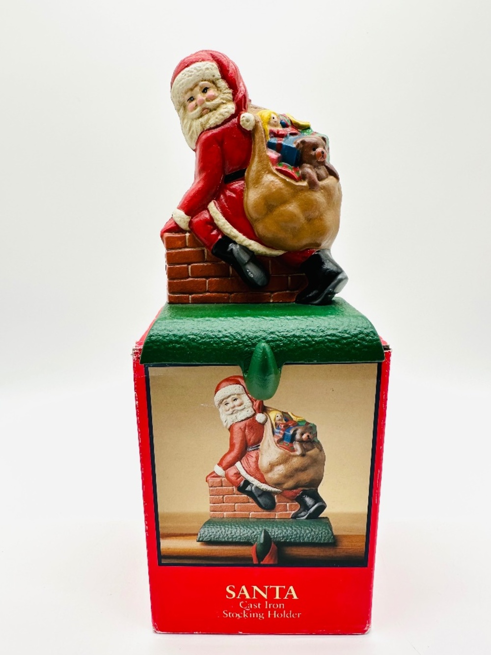 Santa Claus Christmas Stocking Holder Hand Painted Cast Iron Vintage